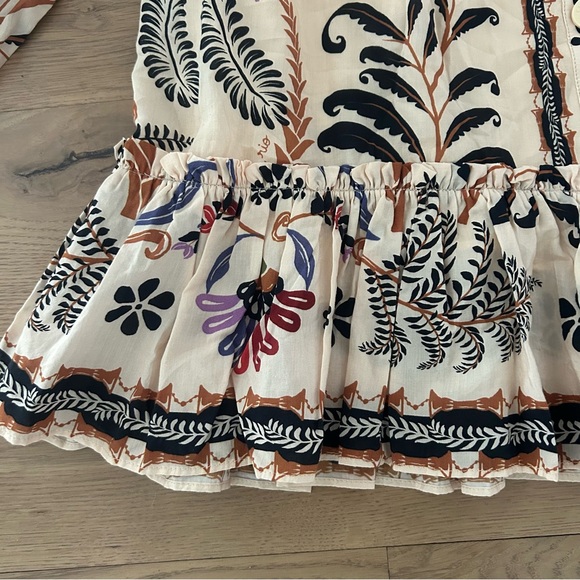 FARM RIO Nature Mini Dress Romantic Bead Belt Maximalist Puff Beige Size Medium - Picture 10 of 16